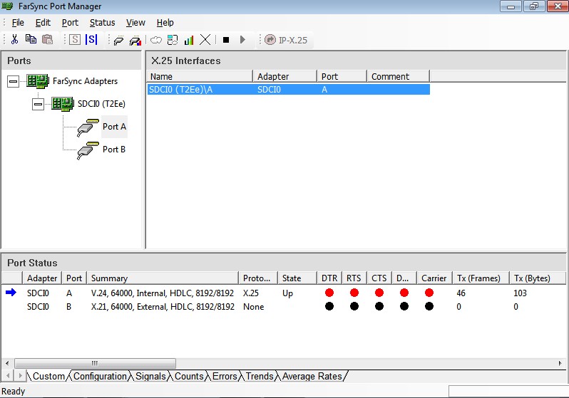 Windows Port Manager zeigt eine FarSync X25-Adapterkonfiguration für X.25
